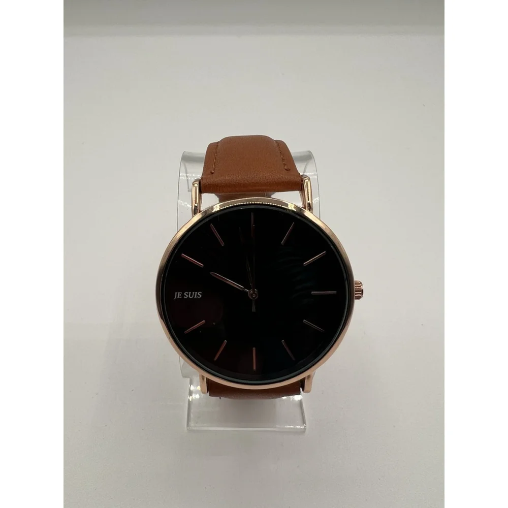 Men's Quartz Wrist Watch Black Dial Brown Leather Strap Not Tested JE SUIS